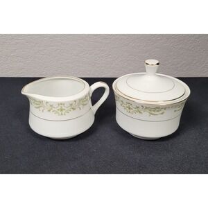 Vtg 50s/60s Allegro Fine China of Japan Cream & Sugar w/ Lid Set Green Floral